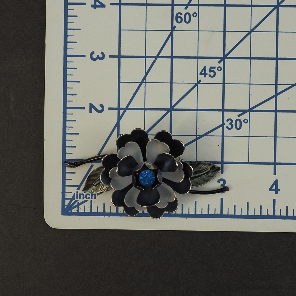Coro Brooch Earrings Demi Parure Flower Enamel Blue Rhinestone Vintage Estate - Picture 6 of 15